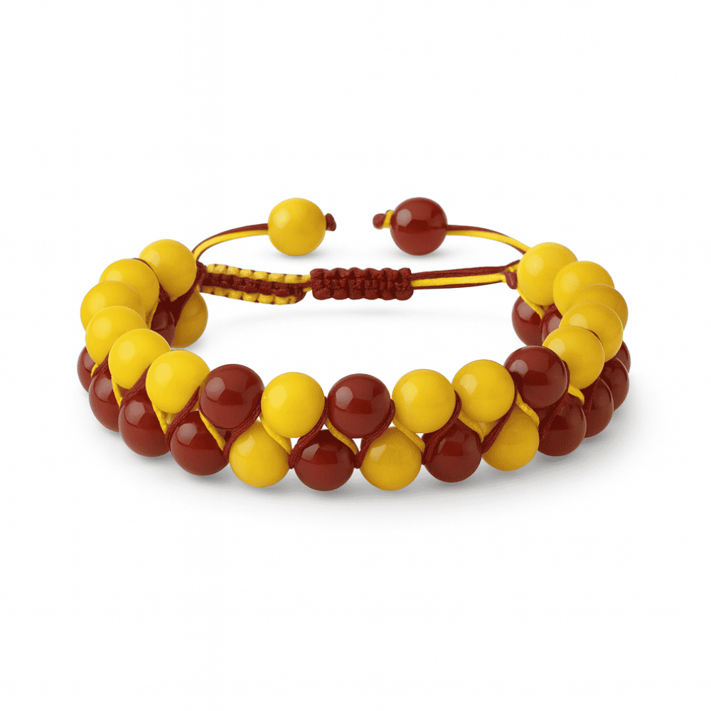 Çift Sıra Makrome Örgülü Küre Kesim Sarı Kırmızı Jade Akik Hematit Doğaltaş Kadın Taraftar Bileklik - 4