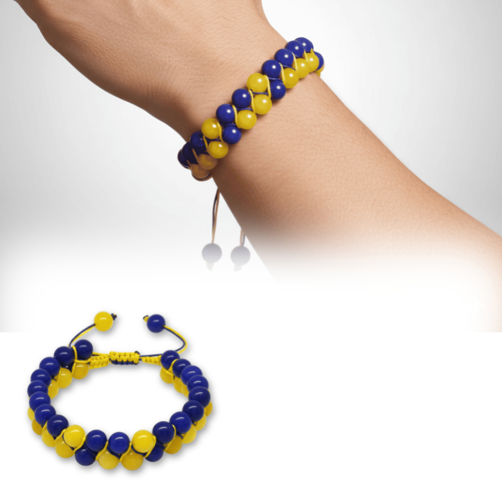 Çift Sıra Makrome Örgülü Küre Kesim Sarı Lacivert Jade Doğaltaş Erkek Taraftar Bileklik - 1