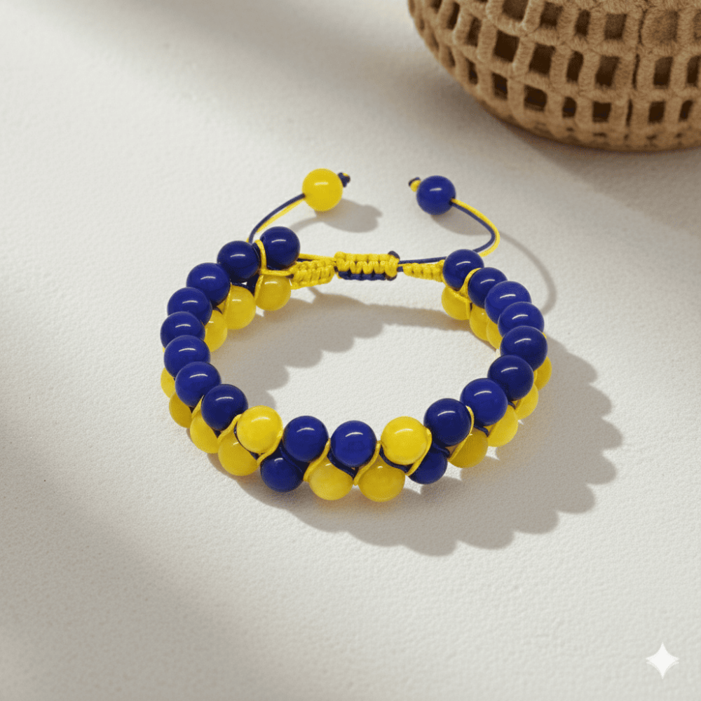 Çift Sıra Makrome Örgülü Küre Kesim Sarı Lacivert Jade Doğaltaş Erkek Taraftar Bileklik - 3
