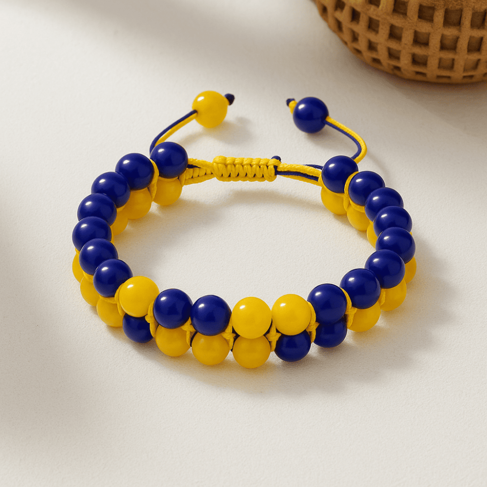 Çift Sıra Makrome Örgülü Küre Kesim Sarı Lacivert Jade Doğaltaş Erkek Taraftar Bileklik - 5