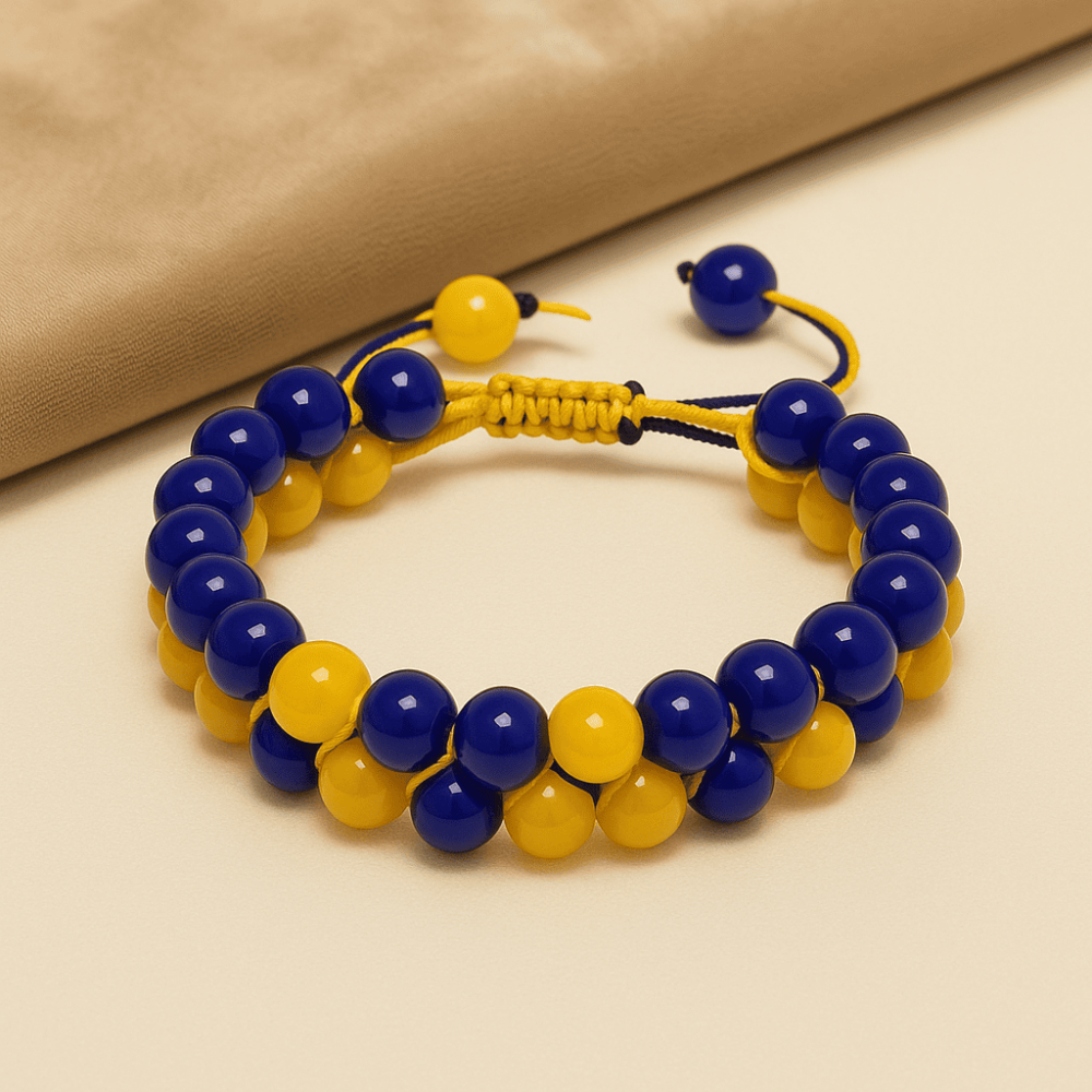 Çift Sıra Makrome Örgülü Küre Kesim Sarı Lacivert Jade Doğaltaş Erkek Taraftar Bileklik - 6