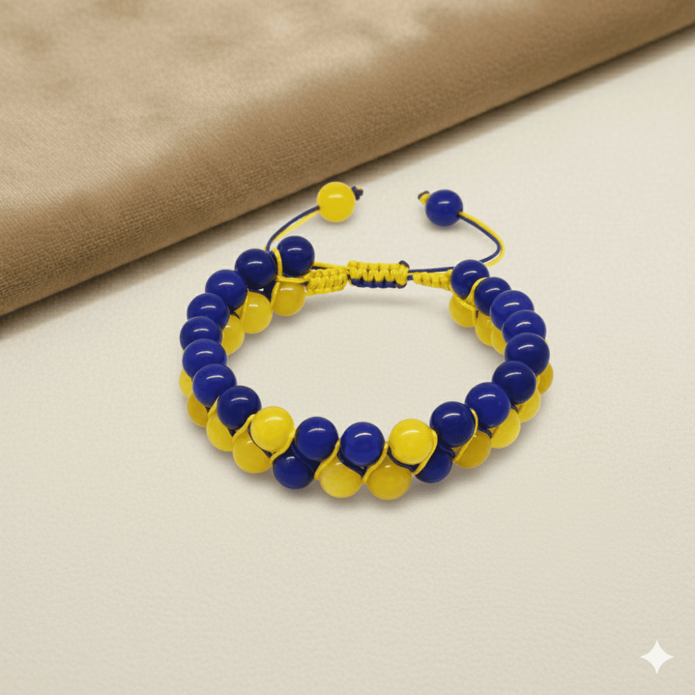 Çift Sıra Makrome Örgülü Küre Kesim Sarı Lacivert Jade Doğaltaş Erkek Taraftar Bileklik - 7