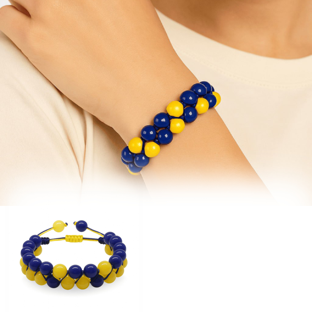Çift Sıra Makrome Örgülü Küre Kesim Sarı Lacivert Jade Doğaltaş Kadın Taraftar Bileklik - 1