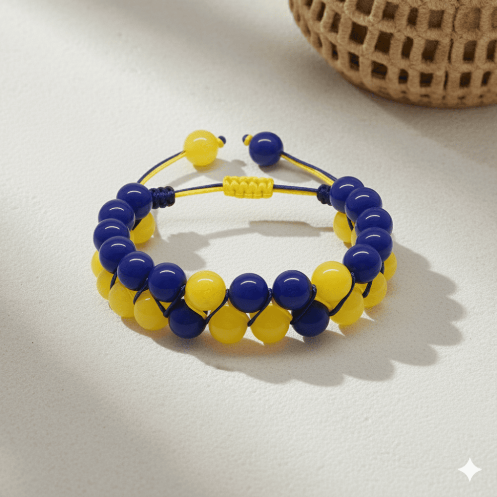 Çift Sıra Makrome Örgülü Küre Kesim Sarı Lacivert Jade Doğaltaş Kadın Taraftar Bileklik - 3