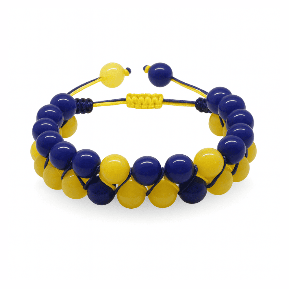 Çift Sıra Makrome Örgülü Küre Kesim Sarı Lacivert Jade Doğaltaş Kadın Taraftar Bileklik - 4