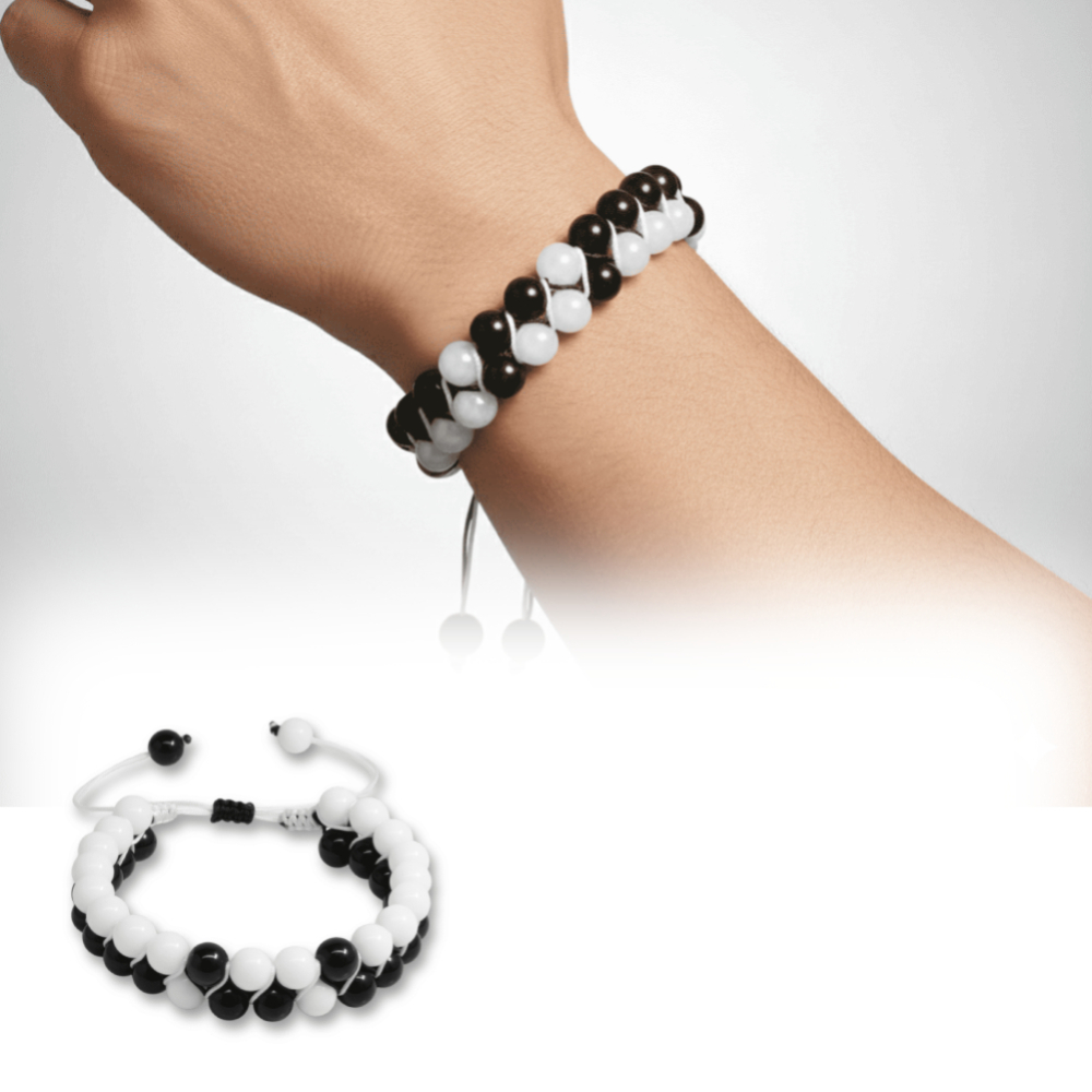 Çift Sıra Makrome Örgülü Küre Kesim Siyah Beyaz Jade Oniks Doğaltaş Erkek Taraftar Bileklik - 1