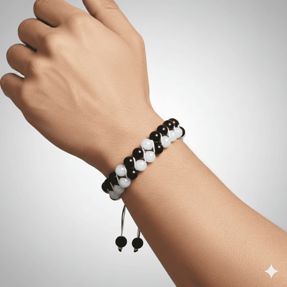 Çift Sıra Makrome Örgülü Küre Kesim Siyah Beyaz Jade Oniks Doğaltaş Erkek Taraftar Bileklik - 2