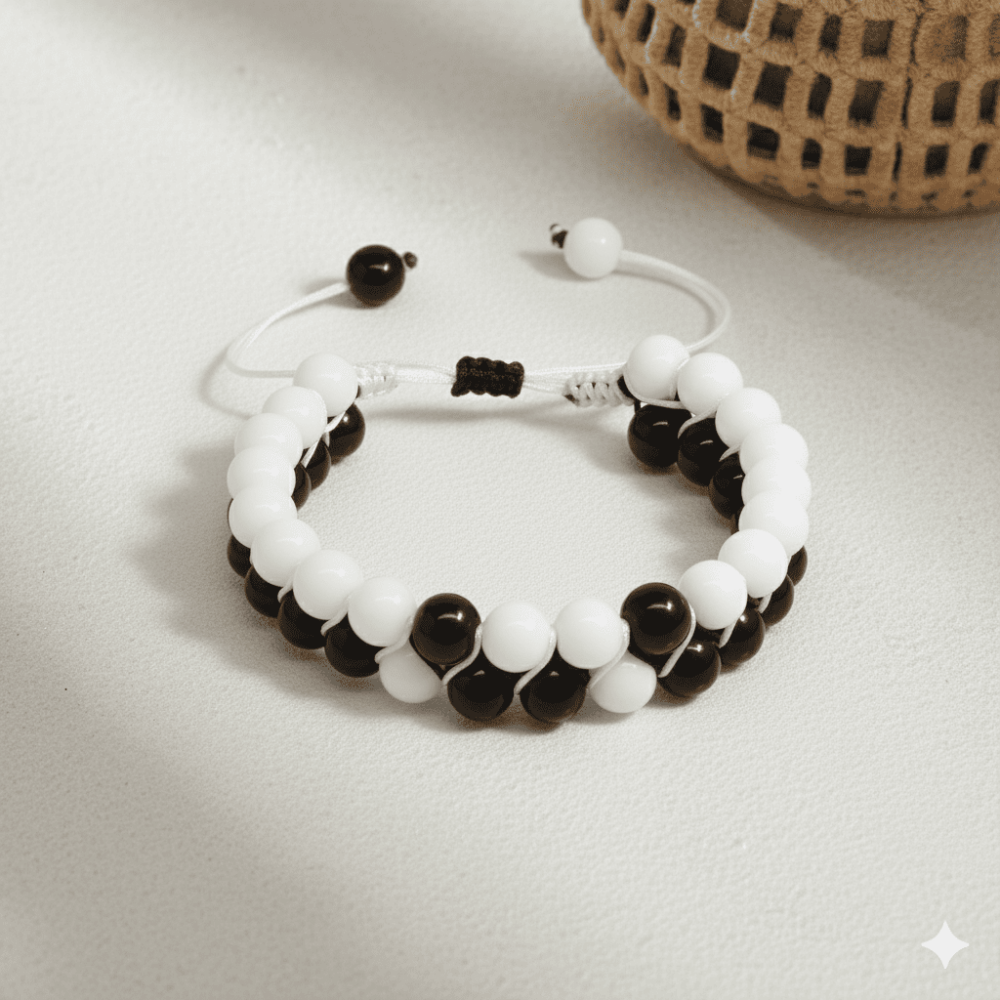 Çift Sıra Makrome Örgülü Küre Kesim Siyah Beyaz Jade Oniks Doğaltaş Erkek Taraftar Bileklik - 3