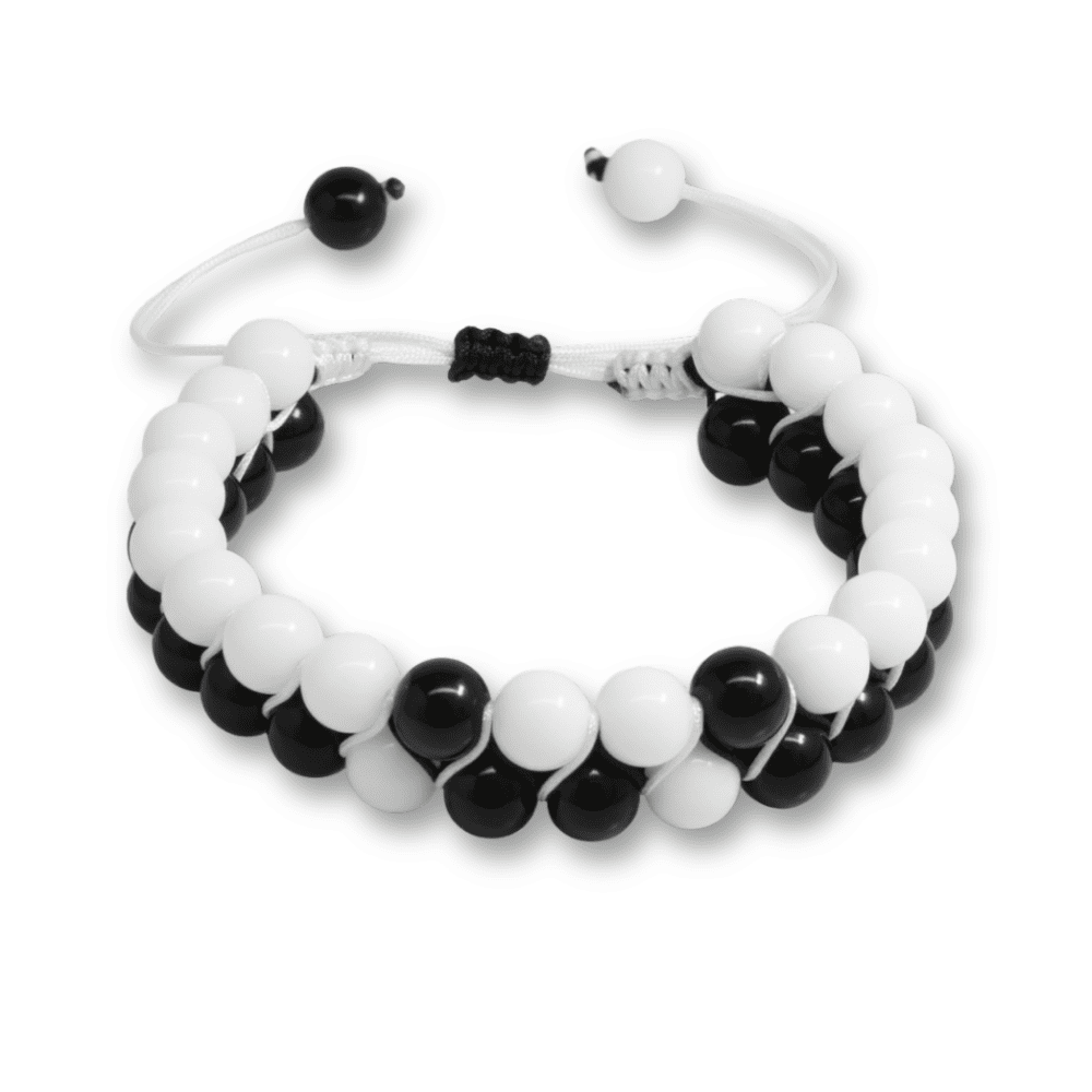 Çift Sıra Makrome Örgülü Küre Kesim Siyah Beyaz Jade Oniks Doğaltaş Erkek Taraftar Bileklik - 4
