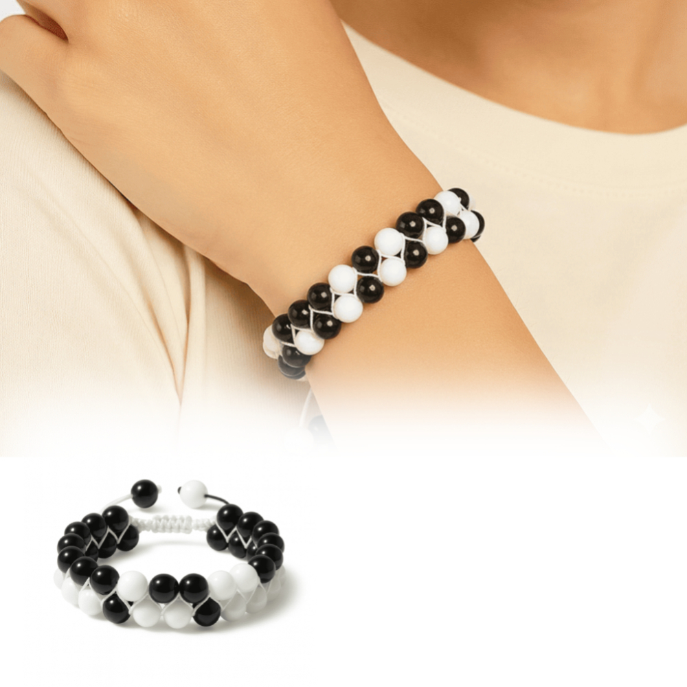 Çift Sıra Makrome Örgülü Küre Kesim Siyah Beyaz Jade Oniks Doğaltaş Kadın Taraftar Bileklik - 1
