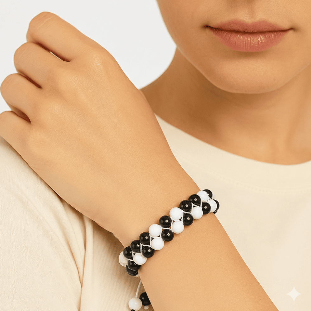 Çift Sıra Makrome Örgülü Küre Kesim Siyah Beyaz Jade Oniks Doğaltaş Kadın Taraftar Bileklik - 2