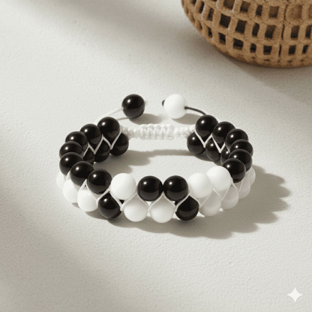 Çift Sıra Makrome Örgülü Küre Kesim Siyah Beyaz Jade Oniks Doğaltaş Kadın Taraftar Bileklik - 3