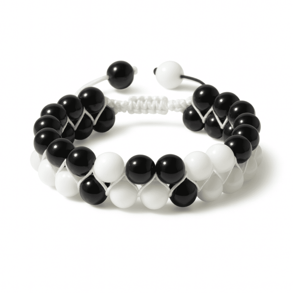 Çift Sıra Makrome Örgülü Küre Kesim Siyah Beyaz Jade Oniks Doğaltaş Kadın Taraftar Bileklik - 4