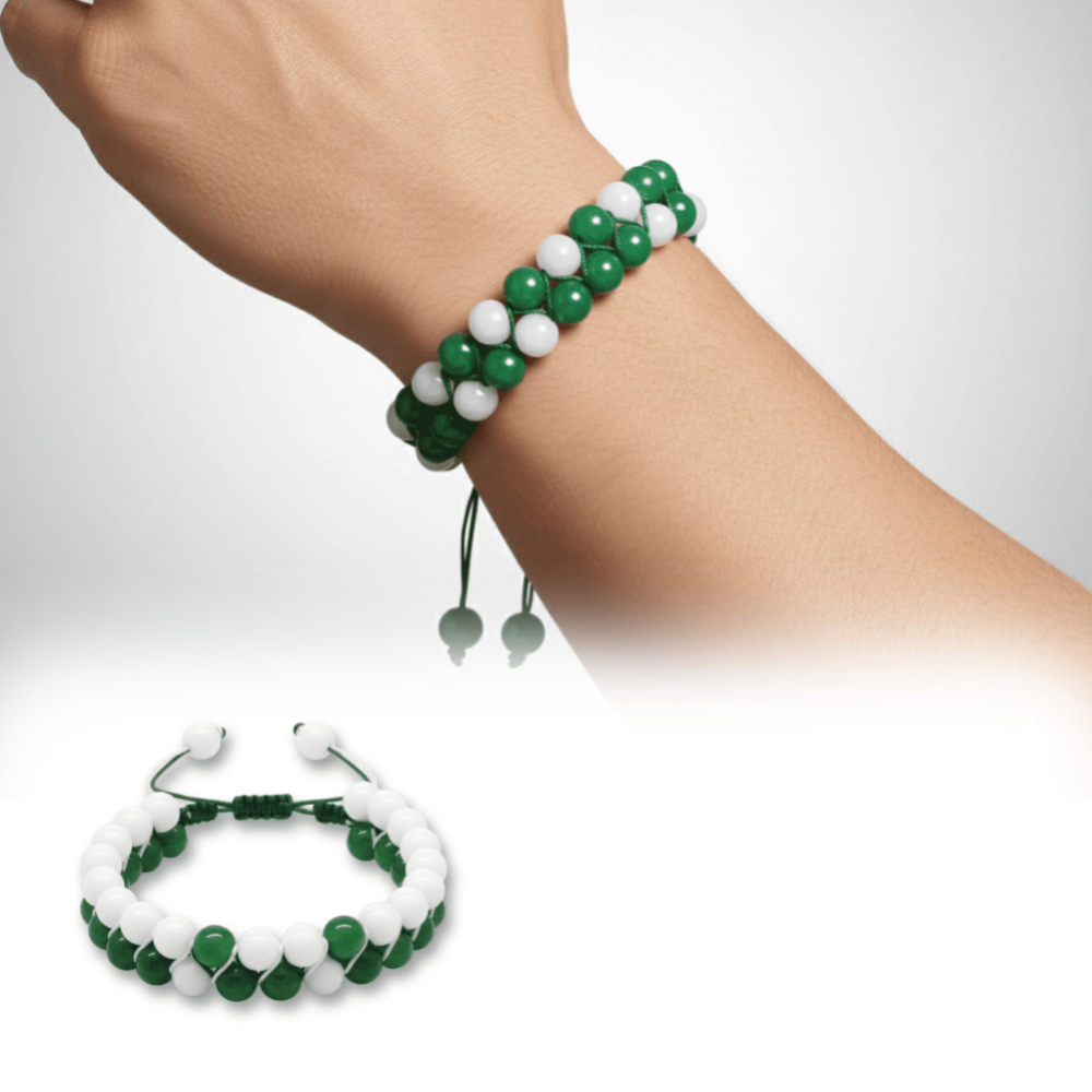Çift Sıra Makrome Örgülü Küre Kesim Yeşil Beyaz Jade Doğaltaş Erkek Taraftar Bileklik - 1