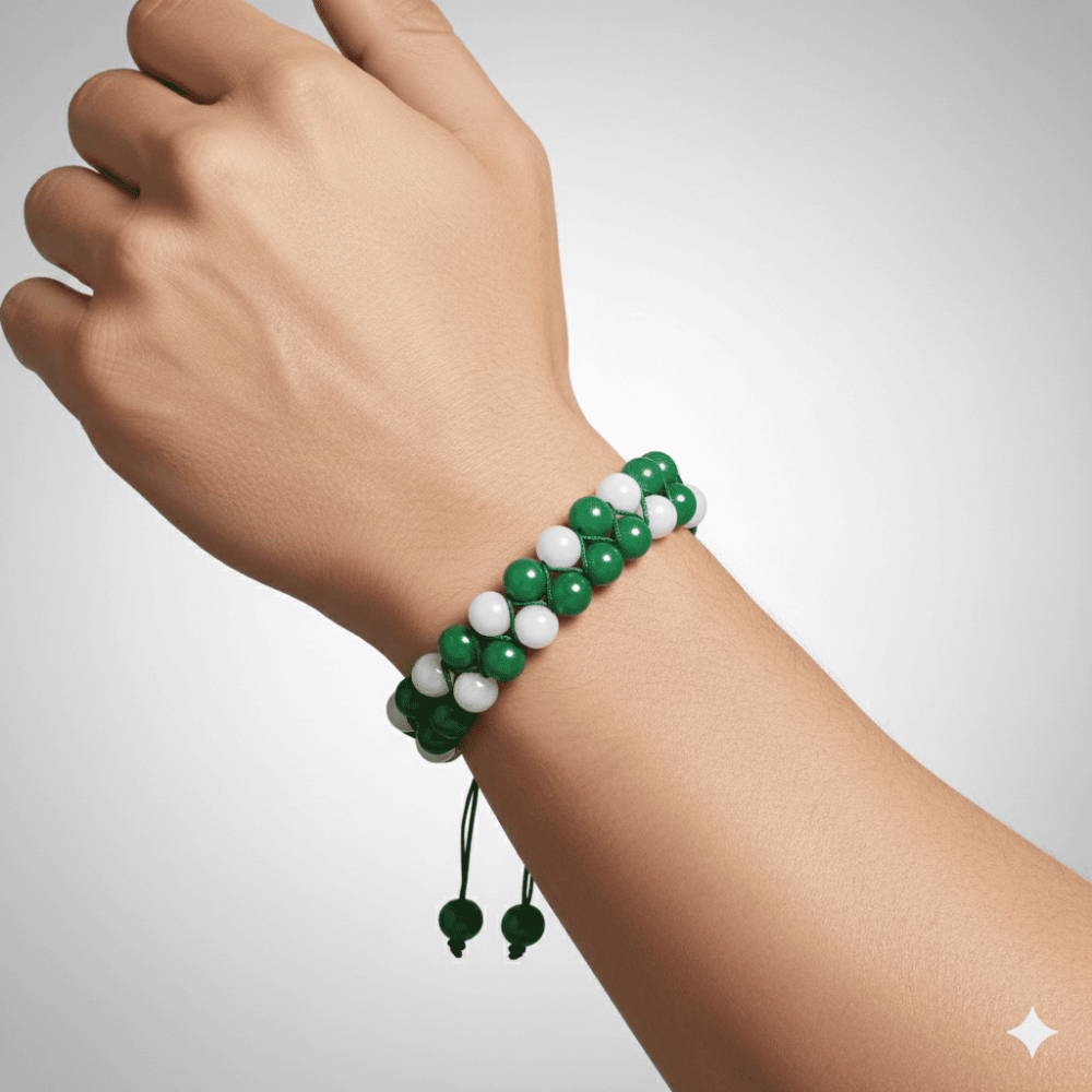 Çift Sıra Makrome Örgülü Küre Kesim Yeşil Beyaz Jade Doğaltaş Erkek Taraftar Bileklik - 2