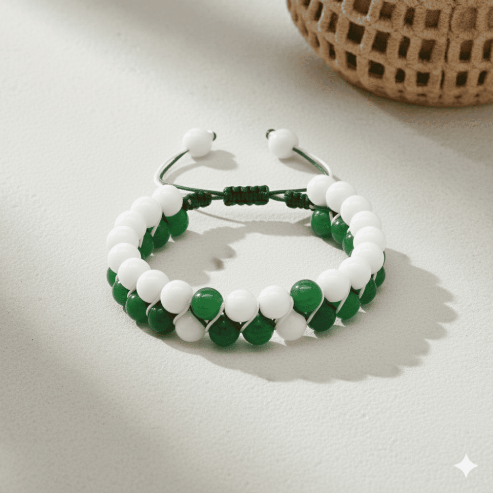 Çift Sıra Makrome Örgülü Küre Kesim Yeşil Beyaz Jade Doğaltaş Erkek Taraftar Bileklik - 3