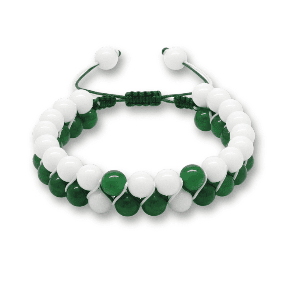 Çift Sıra Makrome Örgülü Küre Kesim Yeşil Beyaz Jade Doğaltaş Erkek Taraftar Bileklik - 4