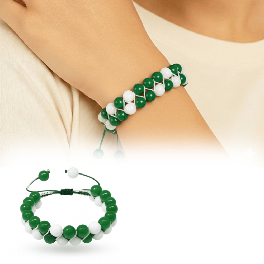 Çift Sıra Makrome Örgülü Küre Kesim Yeşil Beyaz Jade Doğaltaş Kadın Taraftar Bileklik - 1