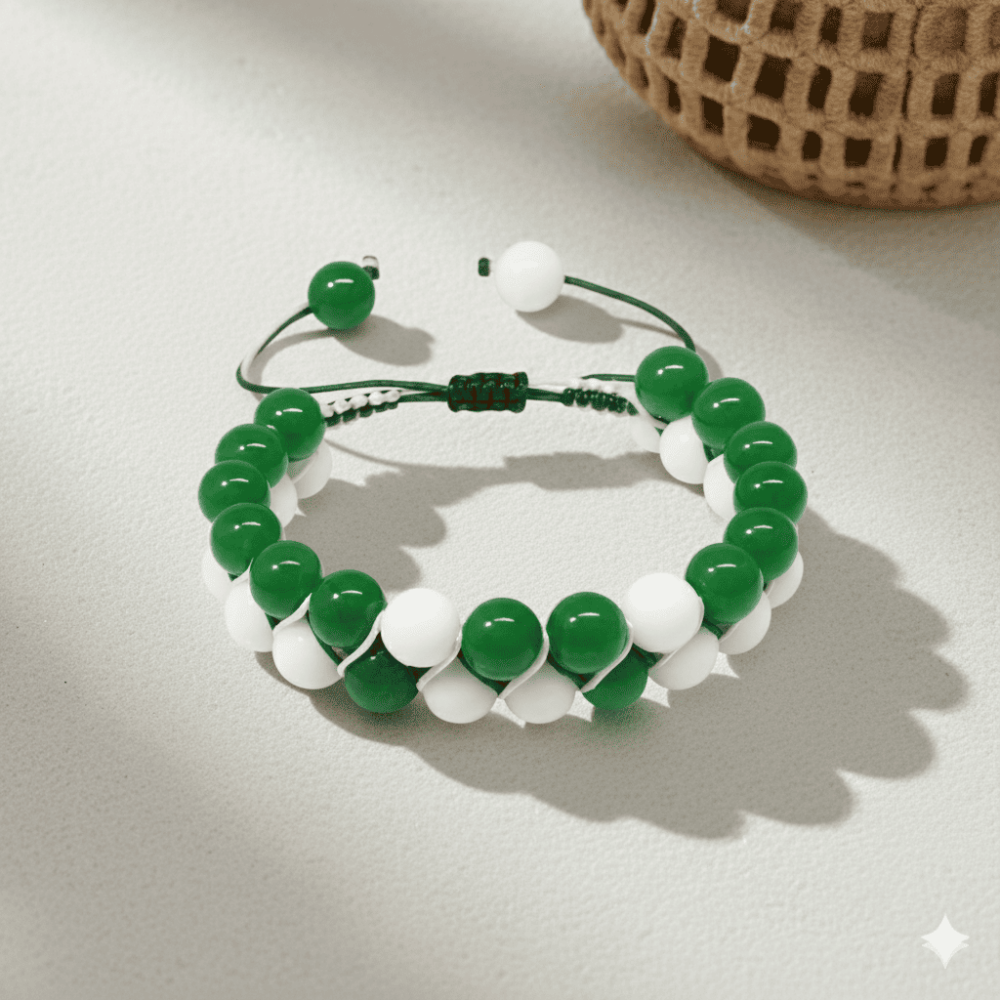Çift Sıra Makrome Örgülü Küre Kesim Yeşil Beyaz Jade Doğaltaş Kadın Taraftar Bileklik - 3