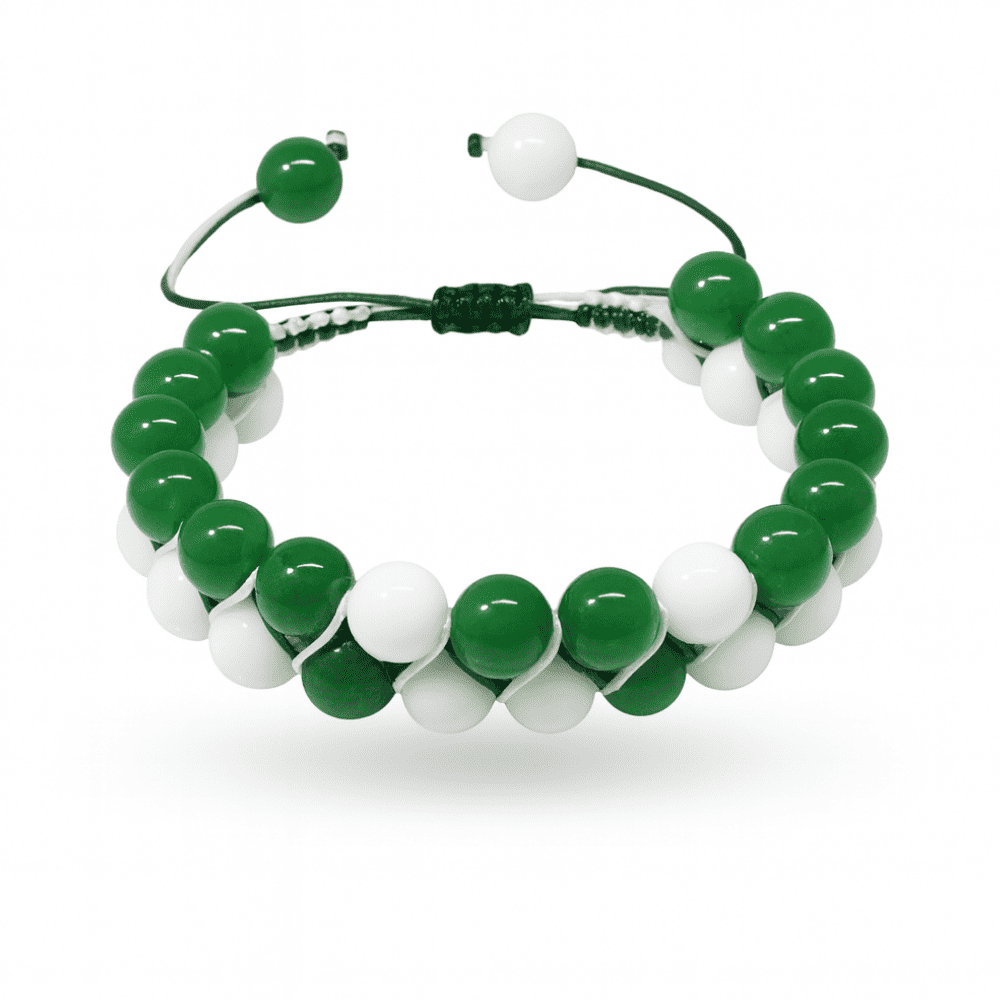Çift Sıra Makrome Örgülü Küre Kesim Yeşil Beyaz Jade Doğaltaş Kadın Taraftar Bileklik - 4