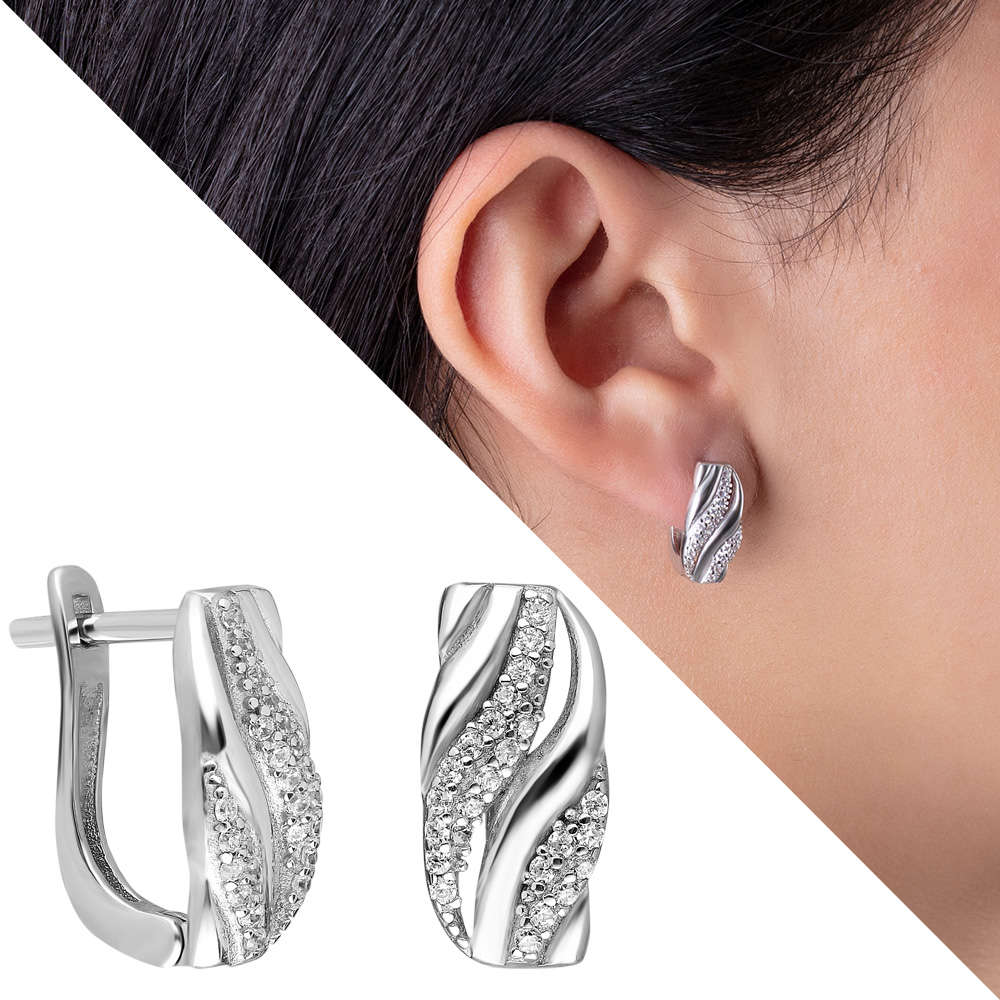 Çift Sıra Zirkon Taşlı Spiral Tasarım 925 Ayar Gümüş Bayan Küpe - 1