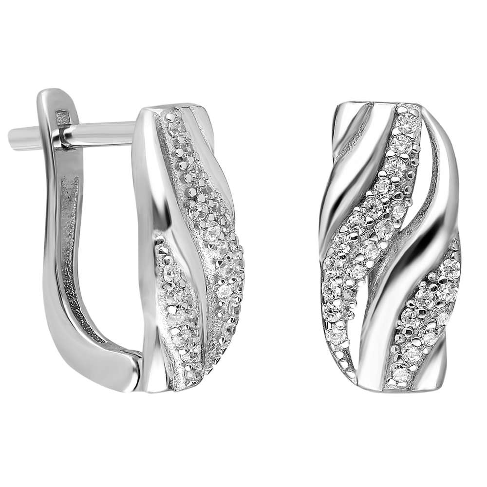 Çift Sıra Zirkon Taşlı Spiral Tasarım 925 Ayar Gümüş Bayan Küpe - 3