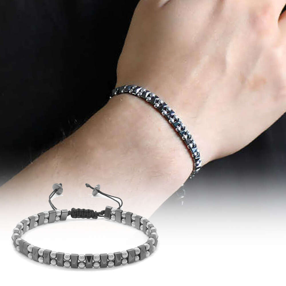 Çift Sıralı Küre Tasarım Makrome Örgülü Silver-Siyah Hematit Doğaltaş Bileklik - 1