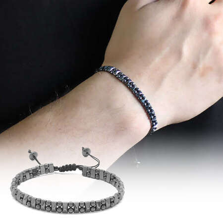 Çift Sıralı Küre Tasarım Makrome Örgülü Siyah Hematit Doğaltaş Bileklik - Tesbihane