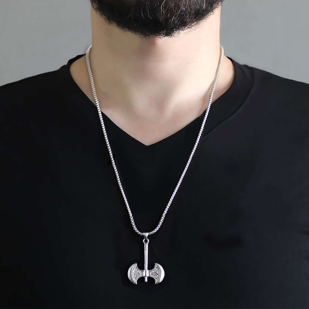 Çift Taraflı Balta Tasarım Gümüş Renk Zincir Pirinç Kolye - 2