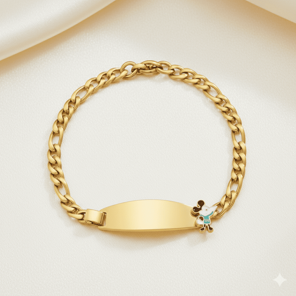 Çocuk Çelik Bileklik - İsme Özel Yazılı - Altın Renk - Mickey Mouse Figürlü - Figaro Zincirli - 3
