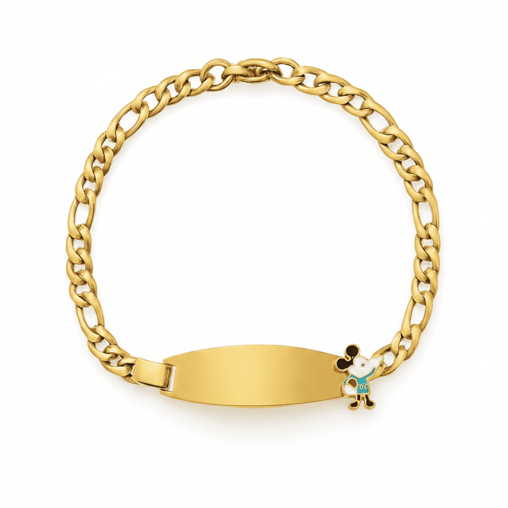 Çocuk Çelik Bileklik - İsme Özel Yazılı - Altın Renk - Mickey Mouse Figürlü - Figaro Zincirli - 4