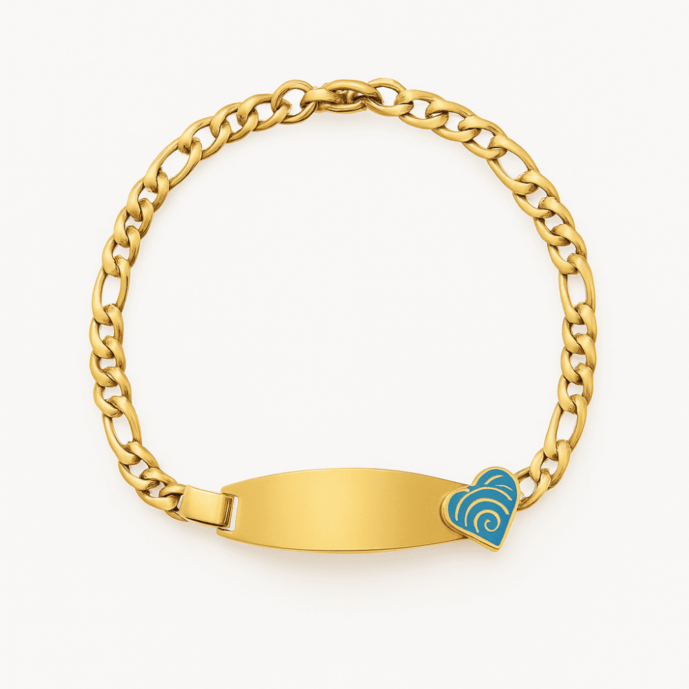Çocuk Çelik Bileklik - İsme Özel Yazılı - Altın Renk - Turkuaz Kalp Detaylı - Figaro Zincirli - 5
