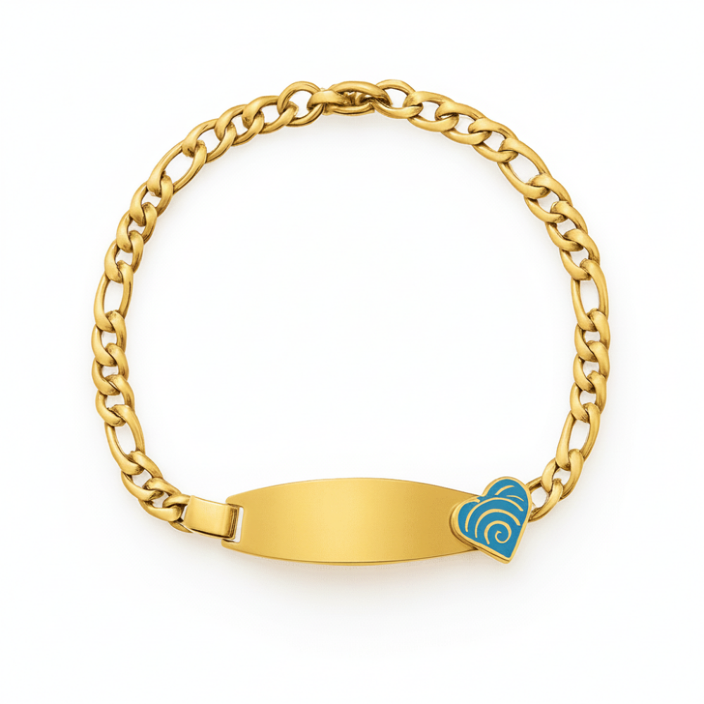 Çocuk Çelik Bileklik - İsme Özel Yazılı - Altın Renk - Turkuaz Kalp Detaylı - Figaro Zincirli - 4