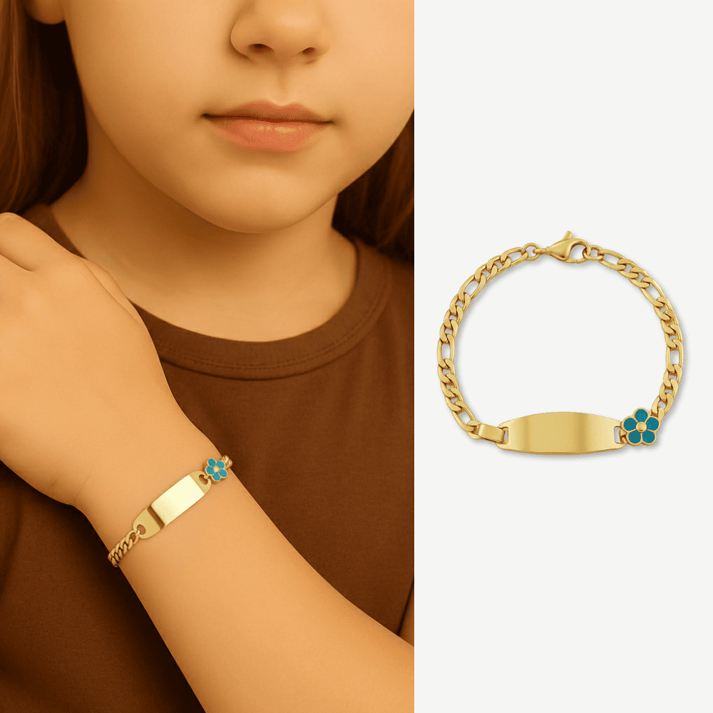 Çocuk Çelik Bileklik - İsme Özel Yazılı - Altın Renk - Turkuaz Papatya Detaylı - Figaro Zincirli - 1