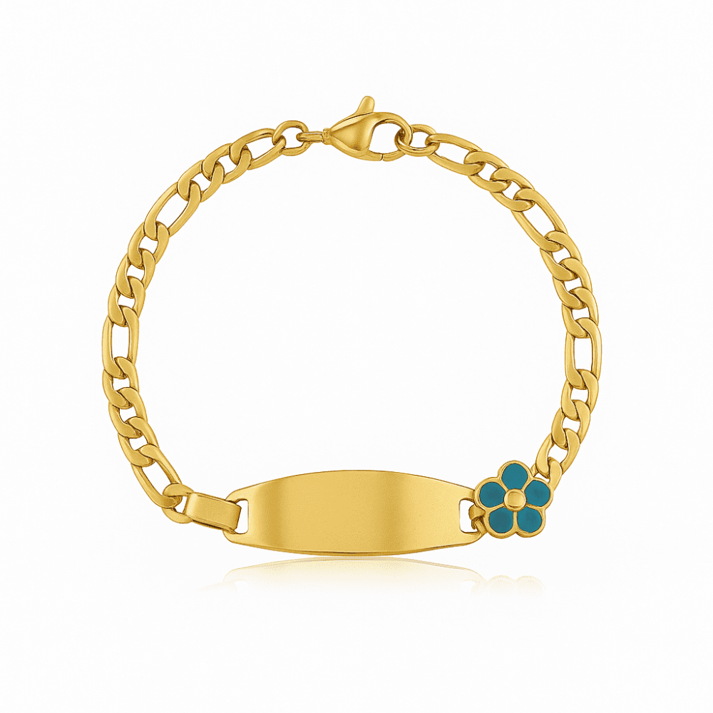 Çocuk Çelik Bileklik - İsme Özel Yazılı - Altın Renk - Turkuaz Papatya Detaylı - Figaro Zincirli - 4