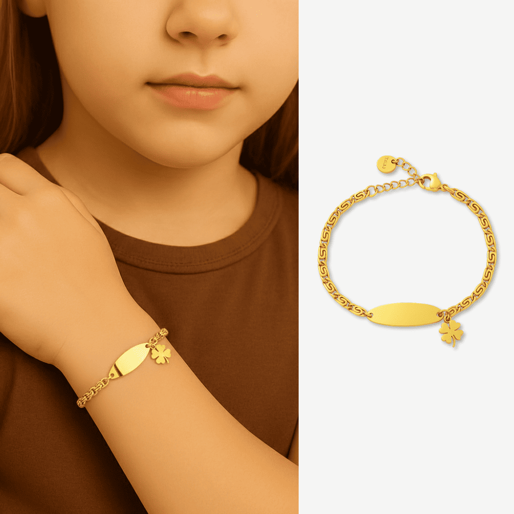 Çocuk Çelik Bileklik - İsme Özel Yazılı - Altın Renk - Yonca Yaprağı Detaylı - Espanzer Zincirli - 1