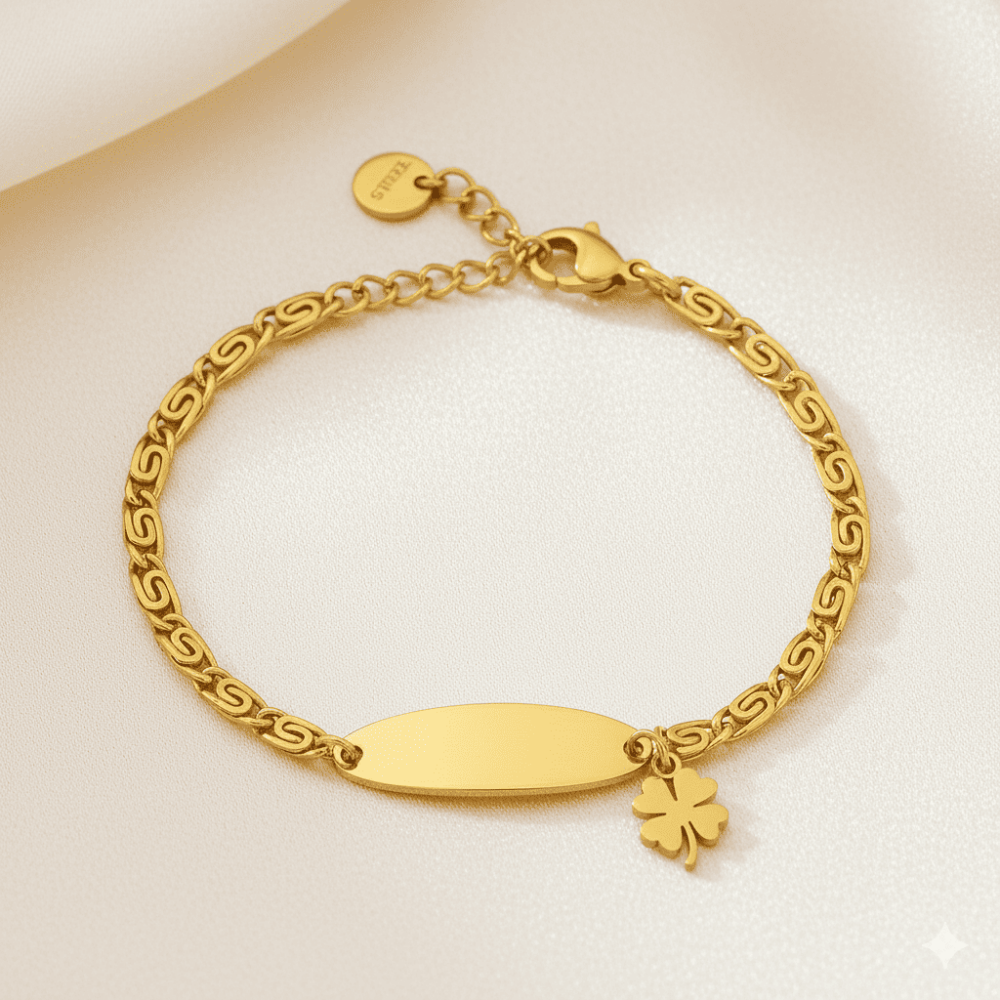 Çocuk Çelik Bileklik - İsme Özel Yazılı - Altın Renk - Yonca Yaprağı Detaylı - Espanzer Zincirli - 3