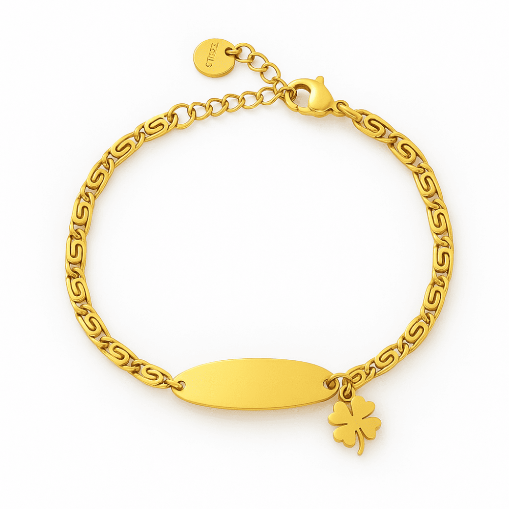 Çocuk Çelik Bileklik - İsme Özel Yazılı - Altın Renk - Yonca Yaprağı Detaylı - Espanzer Zincirli - 4