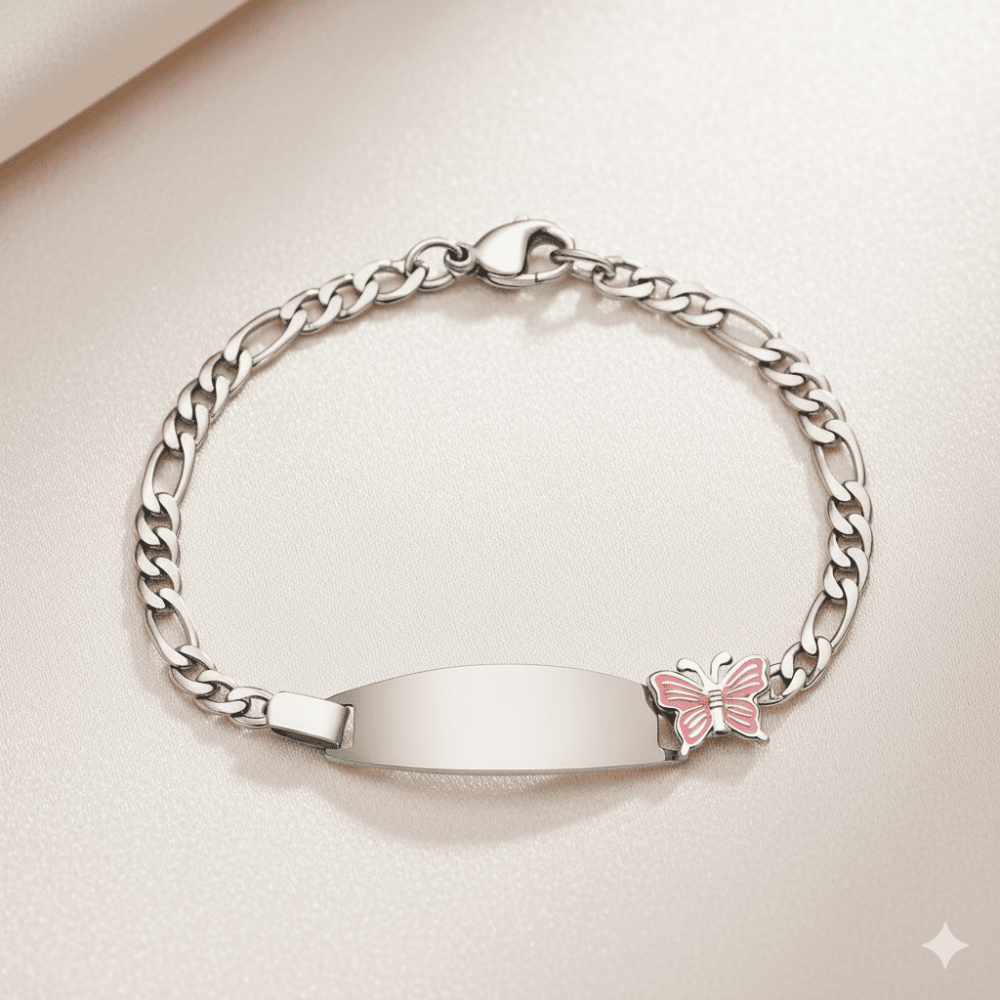 Çocuk Çelik Bileklik - İsme Özel Yazılı - Gümüş Renk - Pembe Kelebek Figürlü - Figaro Zincirli - 3