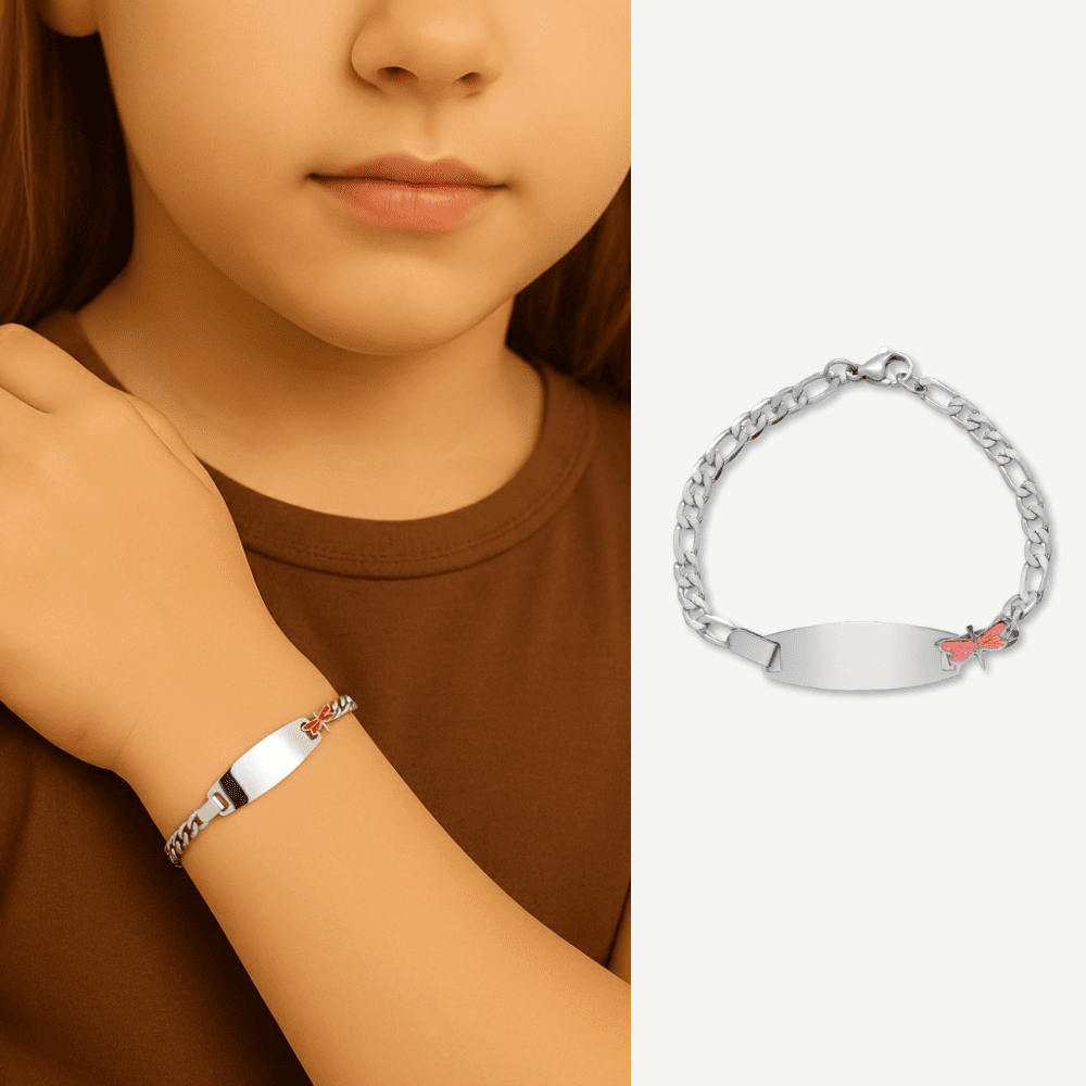 Çocuk Çelik Bileklik - İsme Özel Yazılı - Gümüş Renk - Pembe Yusufcuk Figürlü - Figaro Zincirli - 1