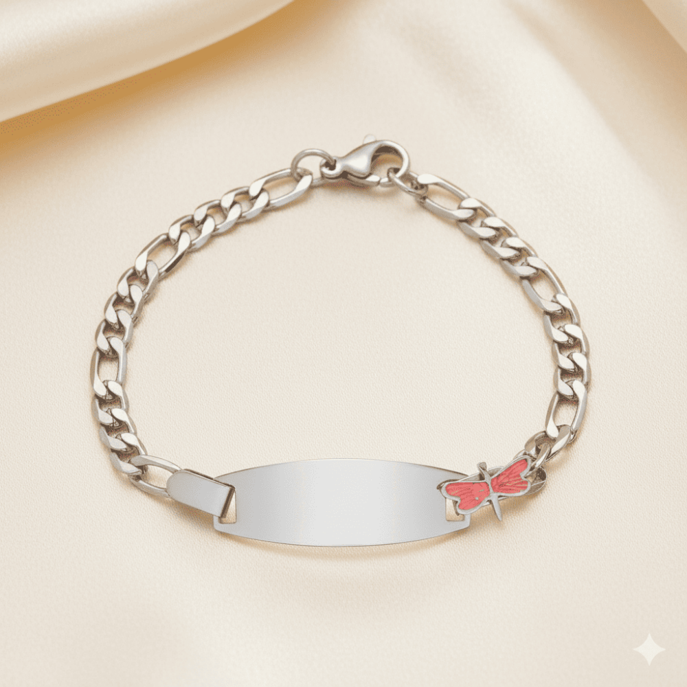 Çocuk Çelik Bileklik - İsme Özel Yazılı - Gümüş Renk - Pembe Yusufcuk Figürlü - Figaro Zincirli - 3