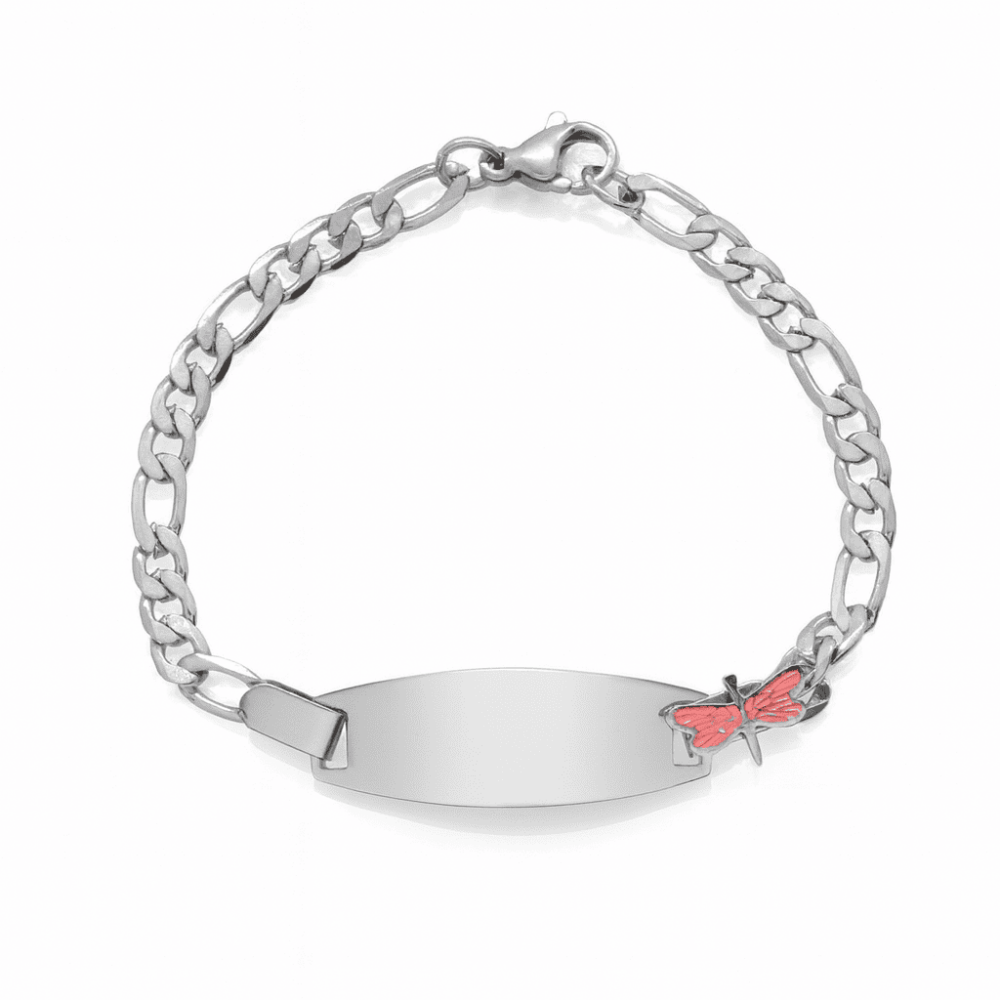 Çocuk Çelik Bileklik - İsme Özel Yazılı - Gümüş Renk - Pembe Yusufcuk Figürlü - Figaro Zincirli - 4