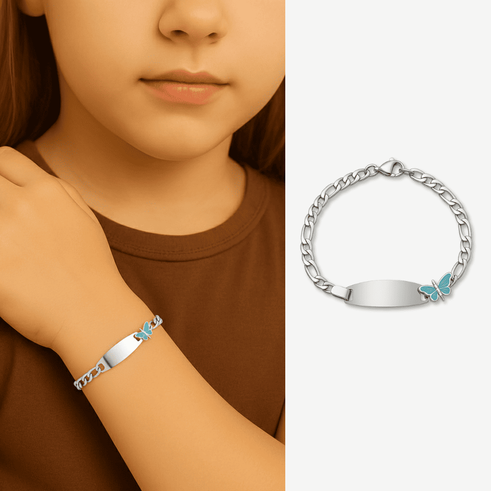 Çocuk Çelik Bileklik - İsme Özel Yazılı - Gümüş Renk - Turkuaz Kelebek Figürlü - Figaro Zincirli - 1