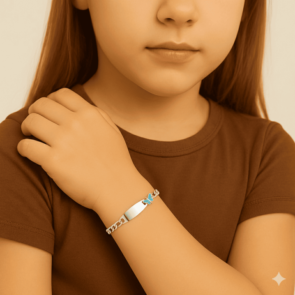 Çocuk Çelik Bileklik - İsme Özel Yazılı - Gümüş Renk - Turkuaz Kelebek Figürlü - Figaro Zincirli - 2