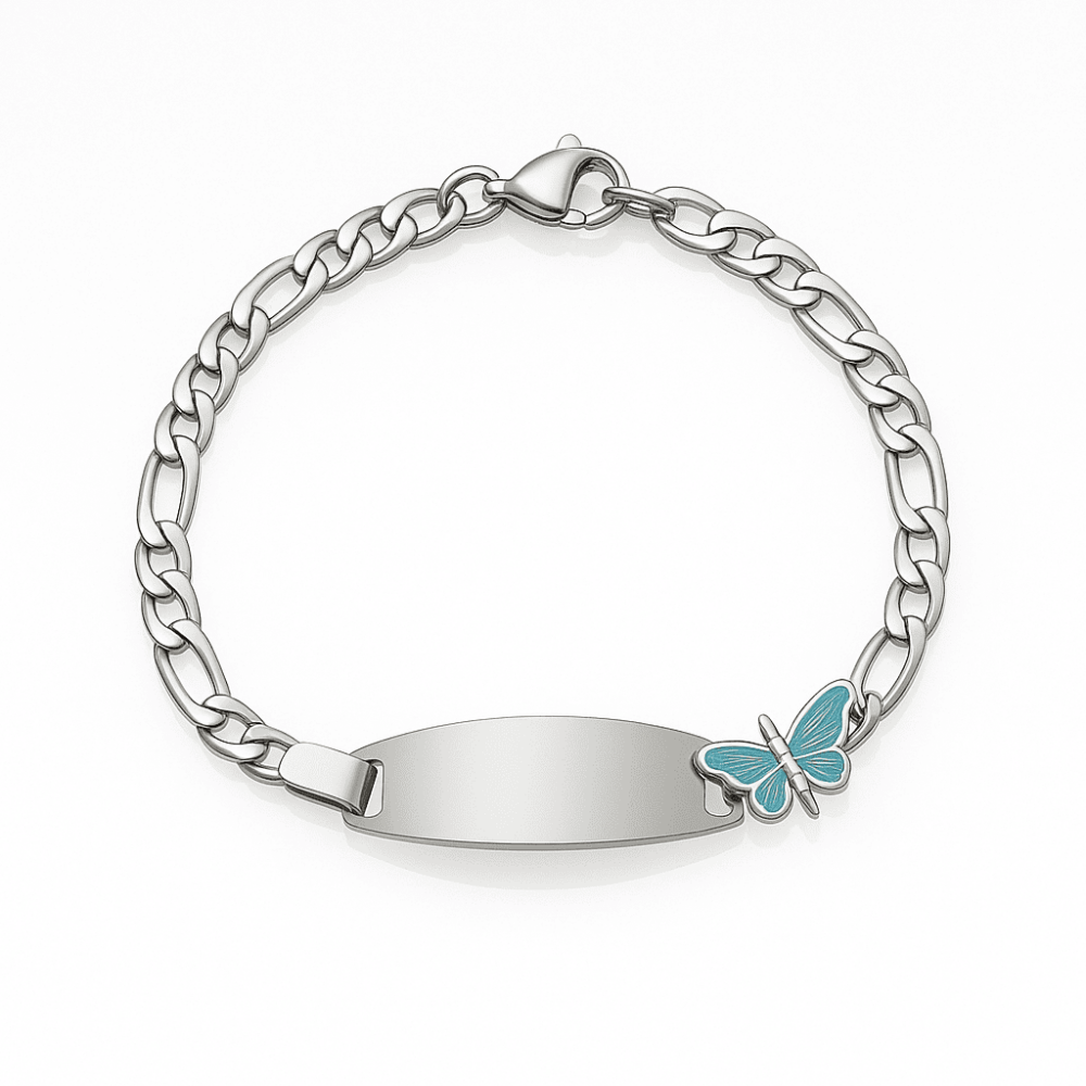 Çocuk Çelik Bileklik - İsme Özel Yazılı - Gümüş Renk - Turkuaz Kelebek Figürlü - Figaro Zincirli - 4