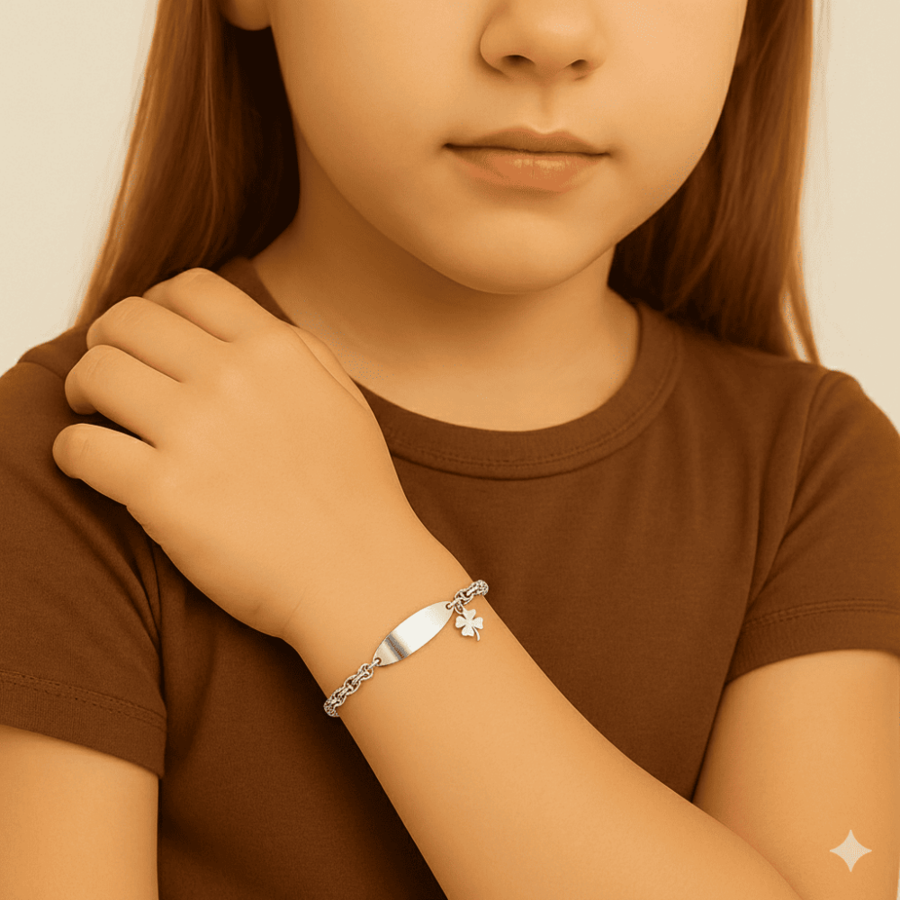 Çocuk Çelik Bileklik - İsme Özel Yazılı - Gümüş Renk - Yonca Yaprağı Detaylı - Espanzer Zincirli - 2