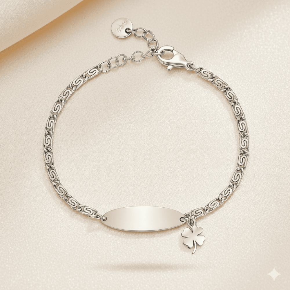 Çocuk Çelik Bileklik - İsme Özel Yazılı - Gümüş Renk - Yonca Yaprağı Detaylı - Espanzer Zincirli - 3