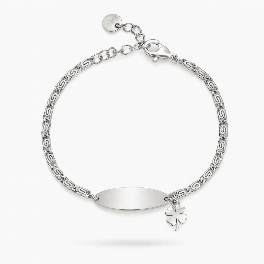 Çocuk Çelik Bileklik - İsme Özel Yazılı - Gümüş Renk - Yonca Yaprağı Detaylı - Espanzer Zincirli - 4