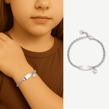 Çocuk Çelik Bileklik - İsme Özel Yazılı - Gümüş Renk - Yonca Yaprağı Detaylı - Espanzer Zincirli - Tesbihane