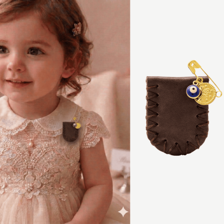 Çocuk Cevşen - İsme Özel Yazılı - Haki Renk - Gerçek Deriden El Yapımı - Gold Renk Yaka İğneli - Tesbihane